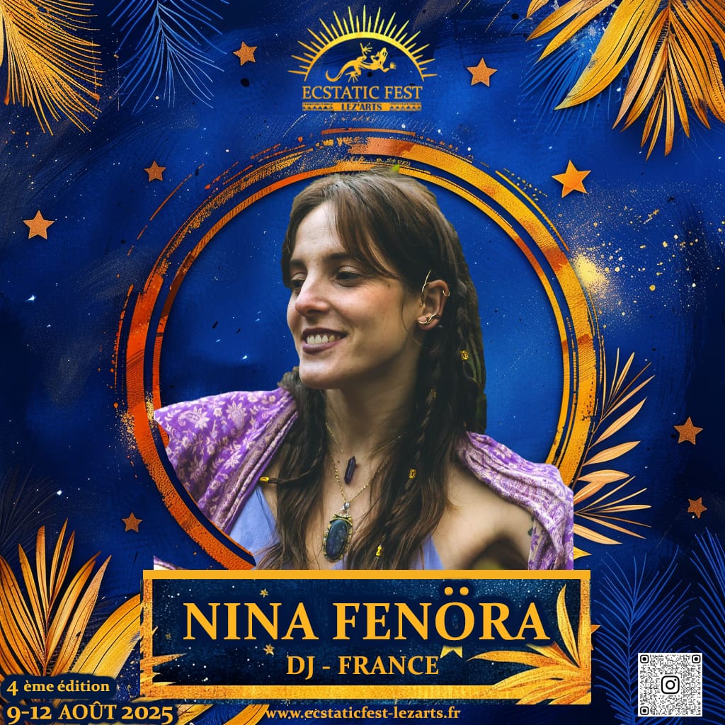 NINA FENORA Affiche officielle du Lez’Art Festival 2025 mettant en avant Nina Fenöra et d’autres artistes de l’Ecstatic Dance